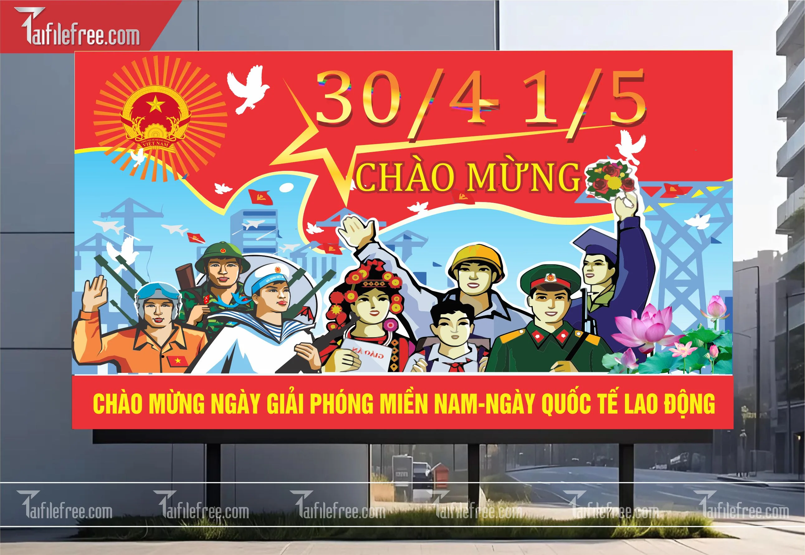 Pano Trang Trí Giải Phóng Miền Nam 30/4 và Quốc Tế Lao Động 01/5  Vector_GN45