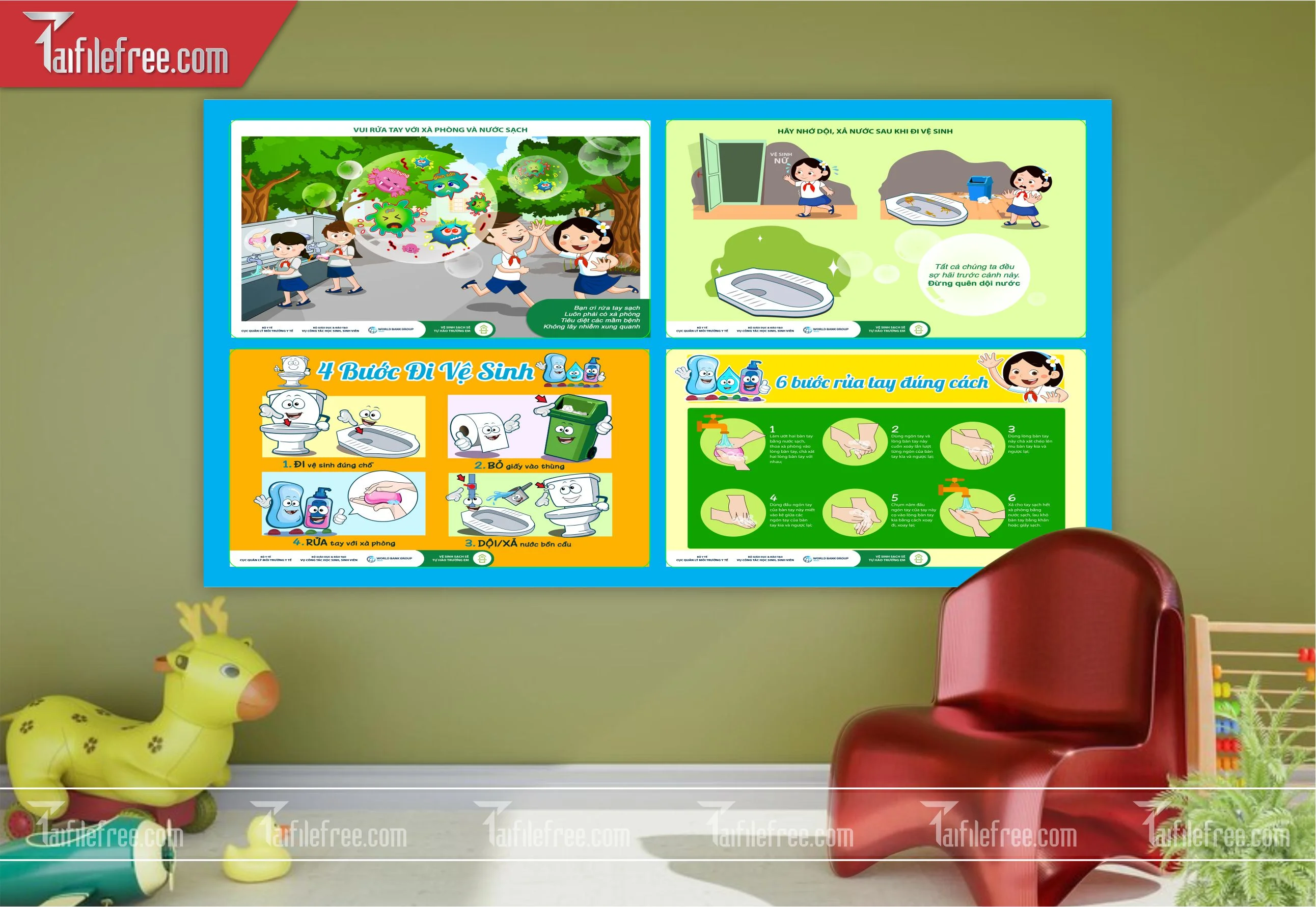 Bảng Tiểu Học 4 Bước Đi Vệ Sinh, 6 Bước Rửa Tay TH08
